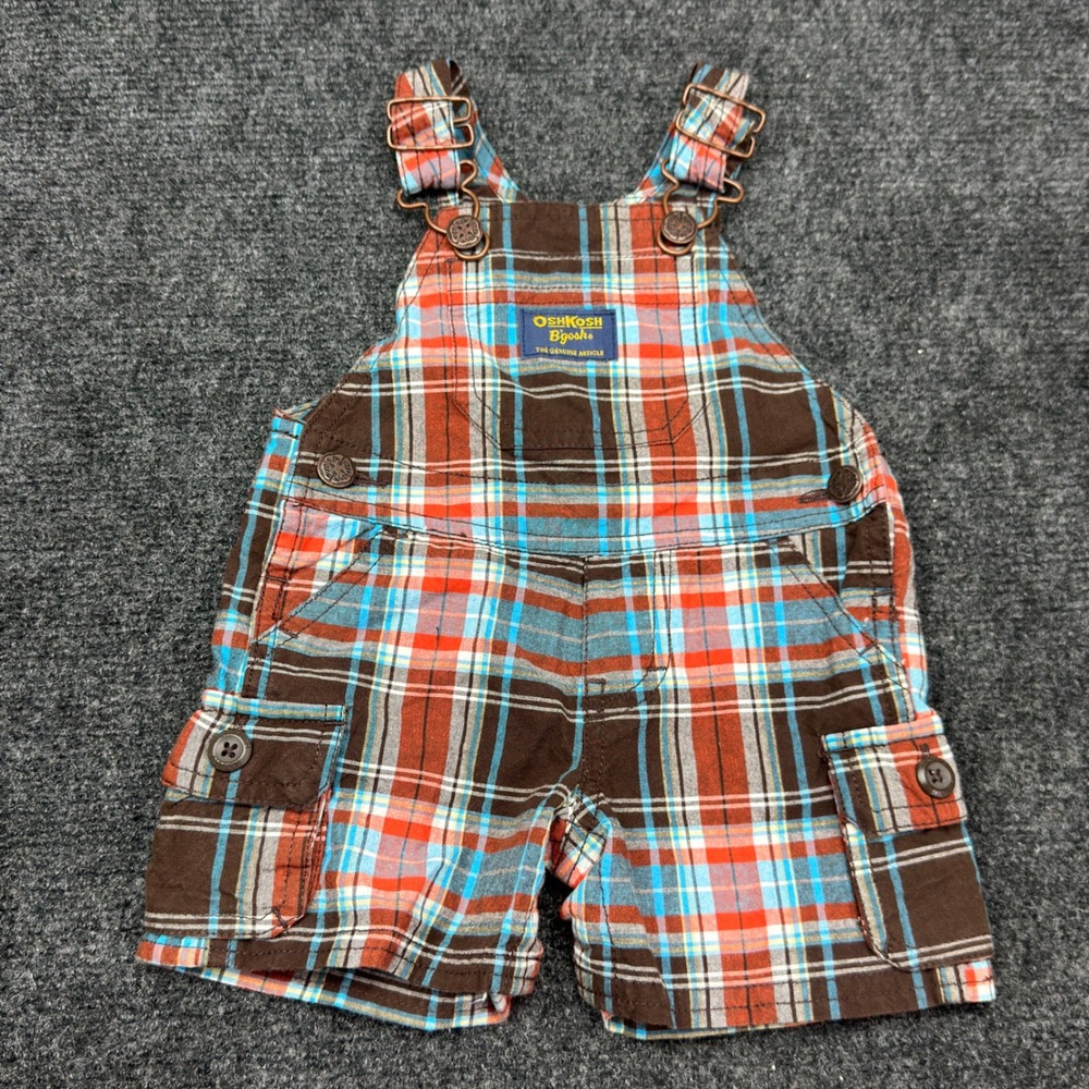 OshKosh Bgosh Baby Boys Plaid Cargo Shortalls Brown Orange Blue Utility Overalls